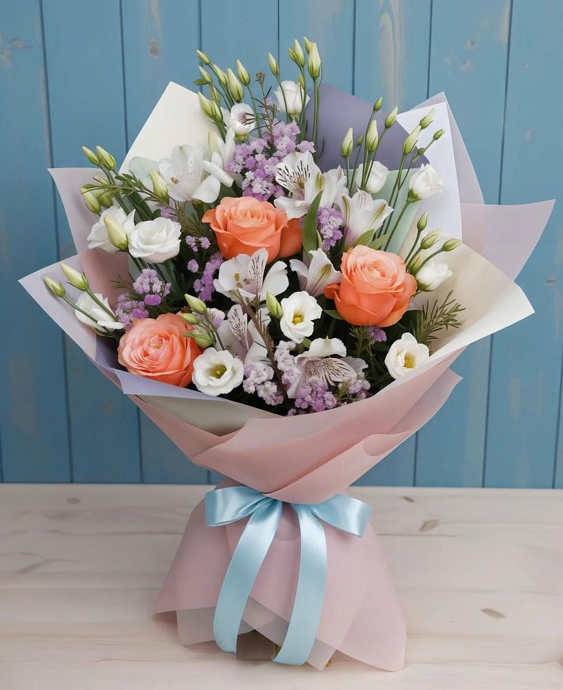 Букет цветов из: Лизиантусы, Розы, Альстромерии и Гипсофила в Амазаре